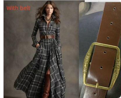 Ins Plaid Print Long-Sleeved Dress Fashion Pockets Collared Buttons Shirt Long Dresses Retro Women's Clothing