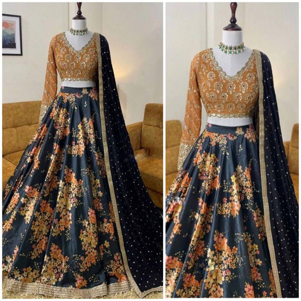 Full flair digital printed zari satin lehenga choli for women