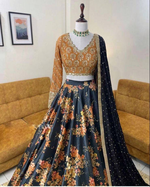 Full flair digital printed zari satin lehenga choli for women