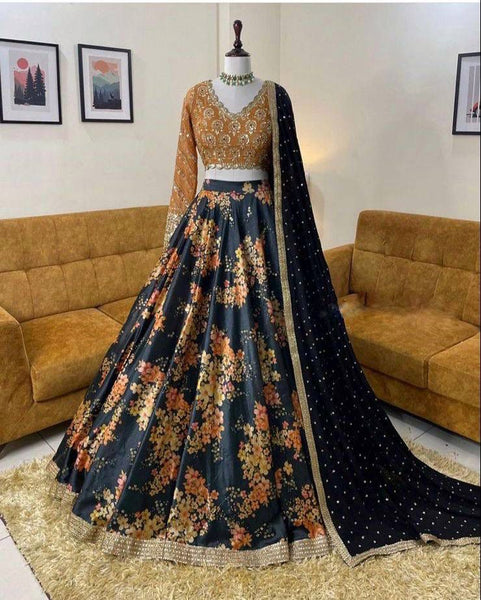 Full flair digital printed zari satin lehenga choli for women