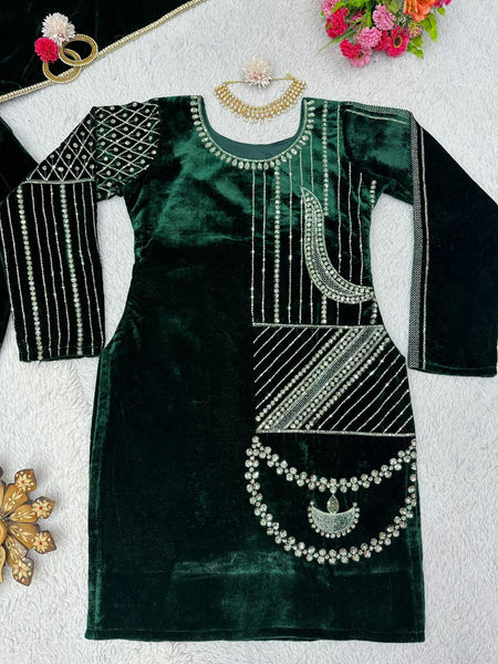 Women Embroidered Velvet Kurta set with dhoti Dupatta suits (Dark Green)