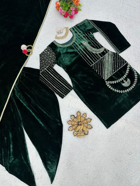 Women Embroidered Velvet Kurta set with dhoti Dupatta suits (Dark Green)