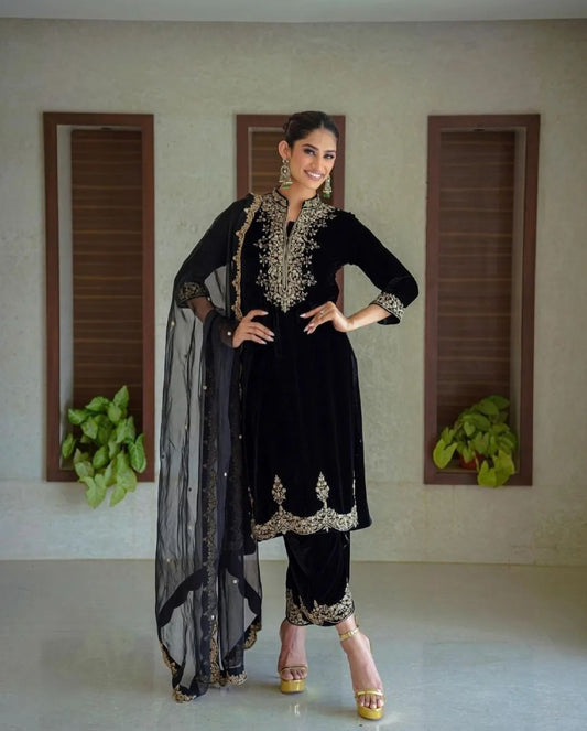 Black Party Wear Velvet Suit Pent Dupatta Set