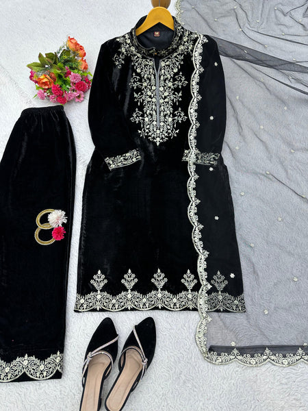 Black Party Wear Velvet Suit Pent Dupatta Set
