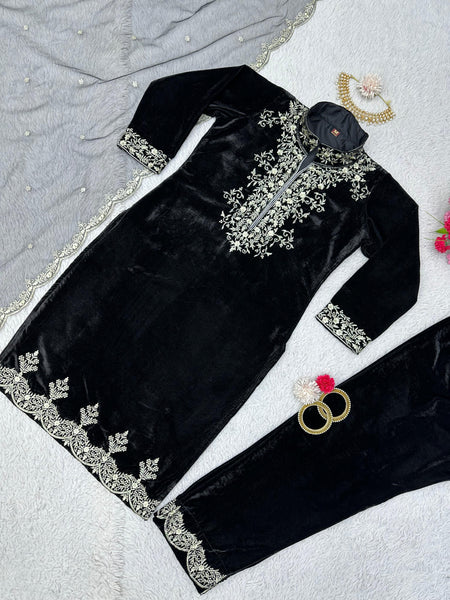 Black Party Wear Velvet Suit Pent Dupatta Set