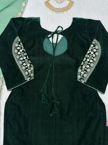 Green Velvet Stitched Salwar Suit Dupatta Set