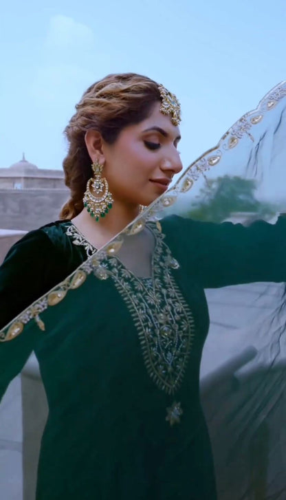 Green Velvet Stitched Salwar Suit Dupatta Set