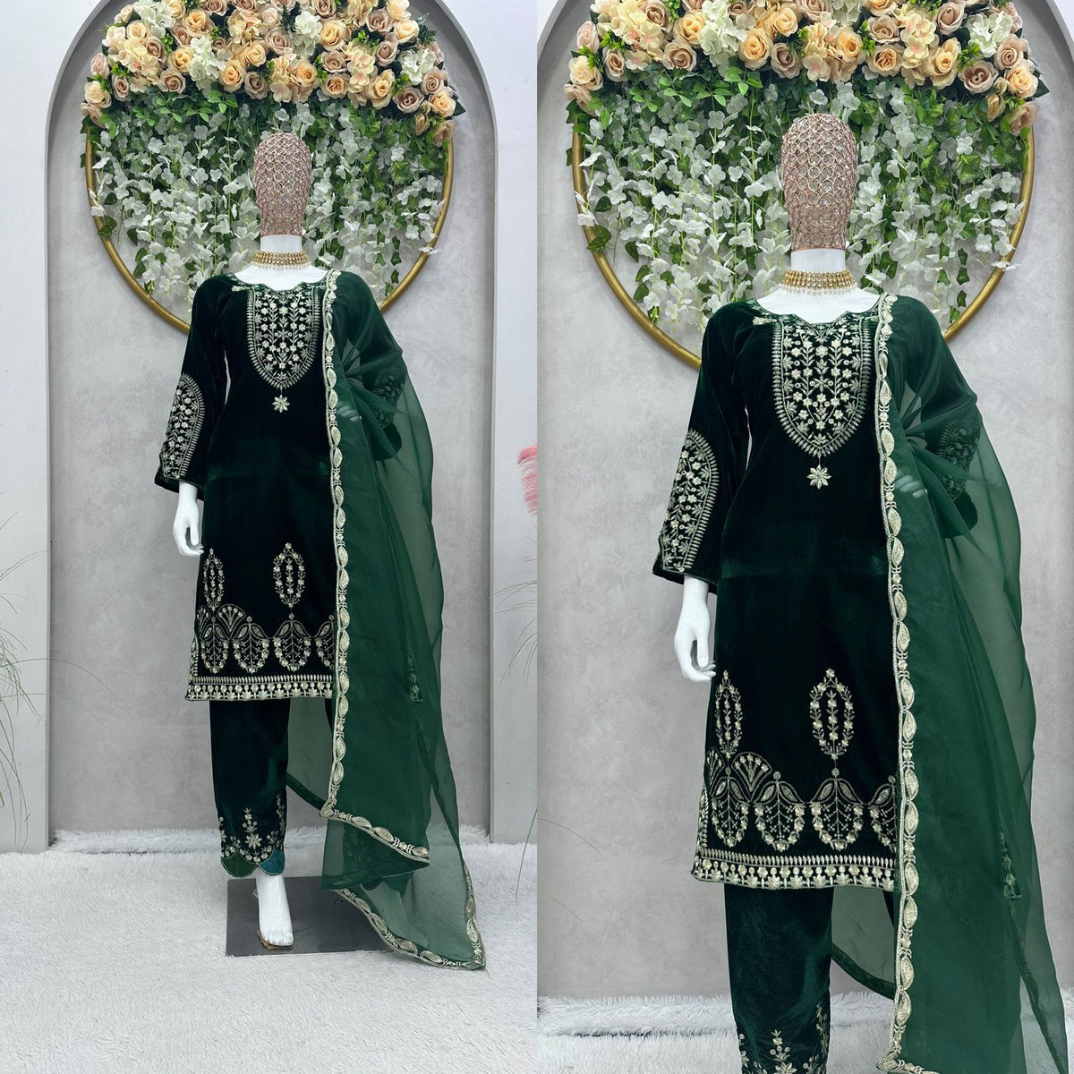 Green Velvet Stitched Salwar Suit Dupatta Set