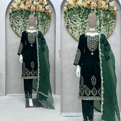 Green Velvet Stitched Salwar Suit Dupatta Set