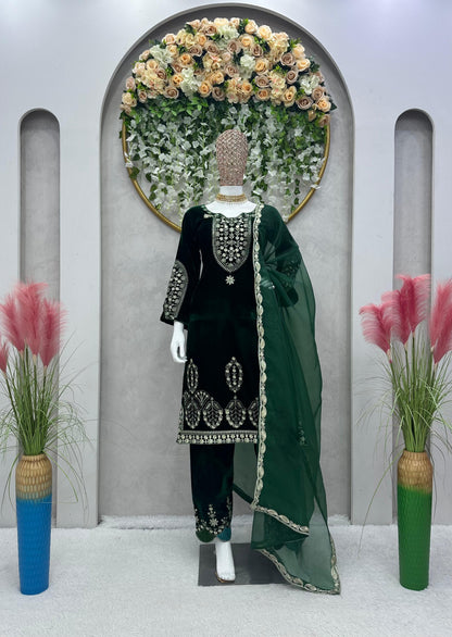 Green Velvet Stitched Salwar Suit Dupatta Set