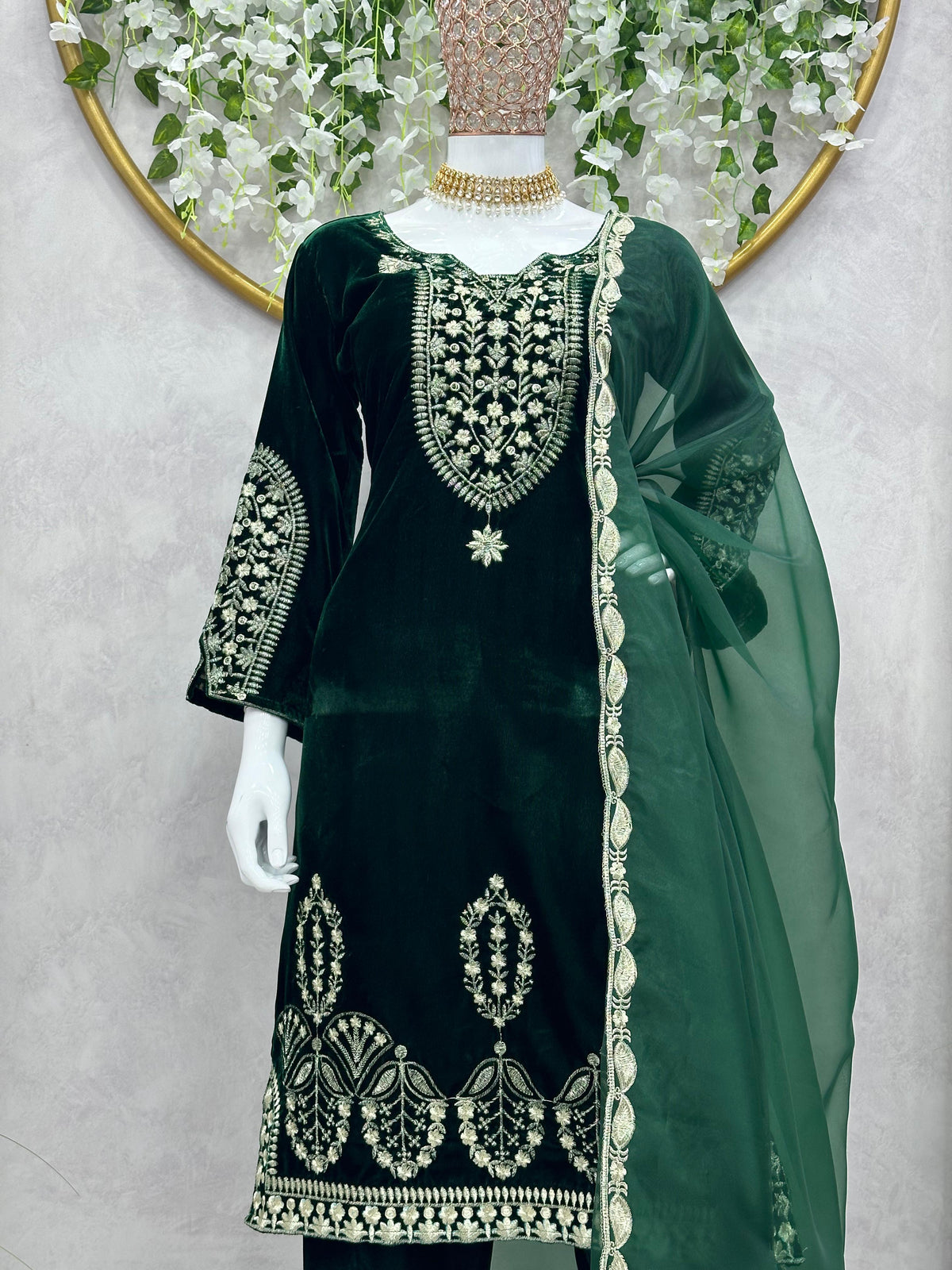 Green Velvet Stitched Salwar Suit Dupatta Set