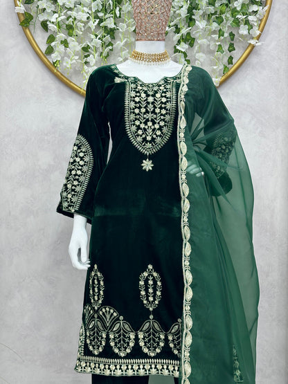 Green Velvet Stitched Salwar Suit Dupatta Set