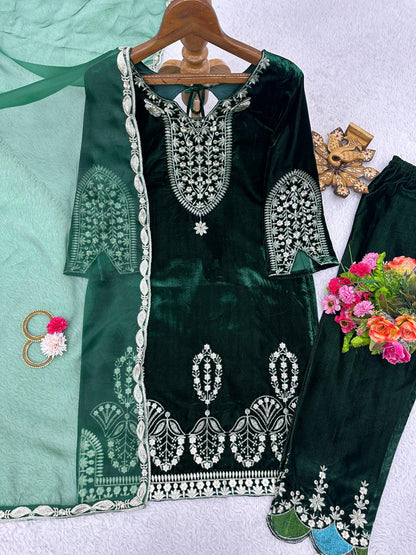Green Velvet Stitched Salwar Suit Dupatta Set