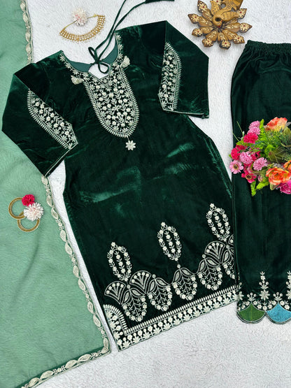 Green Velvet Stitched Salwar Suit Dupatta Set