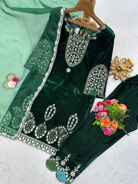 Green Velvet Stitched Salwar Suit Dupatta Set