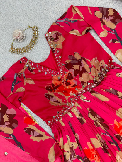 Rani Color Digital Printed Hand Work Women Kurta and Pant set with Dupatta