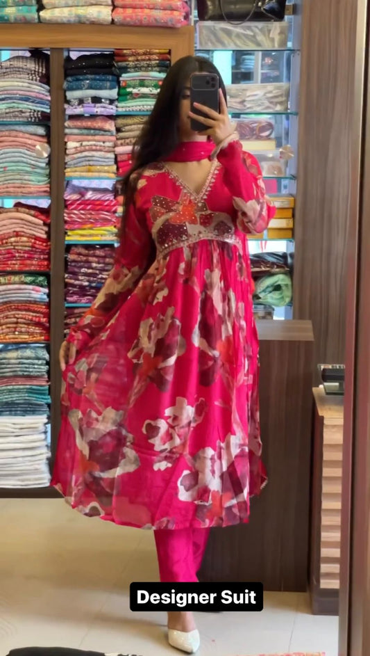 Rani Color Digital Printed Hand Work Women Kurta and Pant set with Dupatta