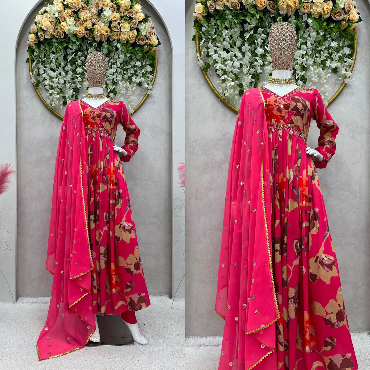 Rani Color Digital Printed Hand Work Women Kurta and Pant set with Dupatta