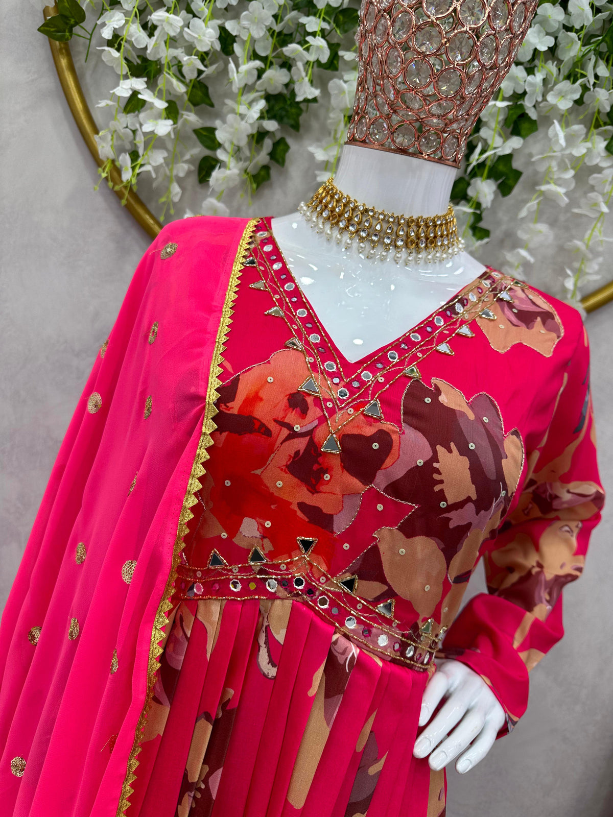Rani Color Digital Printed Hand Work Women Kurta and Pant set with Dupatta
