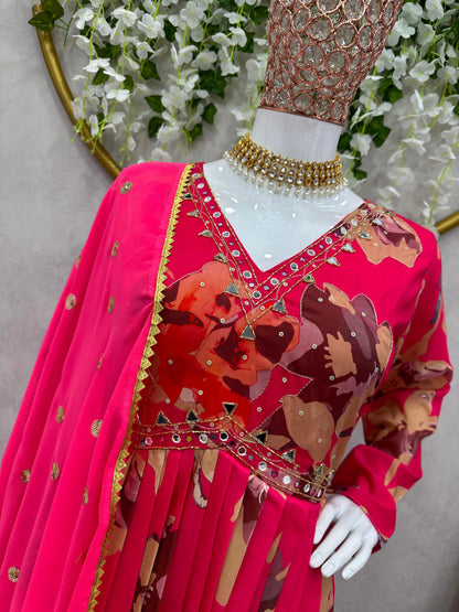 Rani Color Digital Printed Hand Work Women Kurta and Pant set with Dupatta