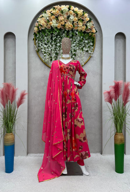 Rani Color Digital Printed Hand Work Women Kurta and Pant set with Dupatta
