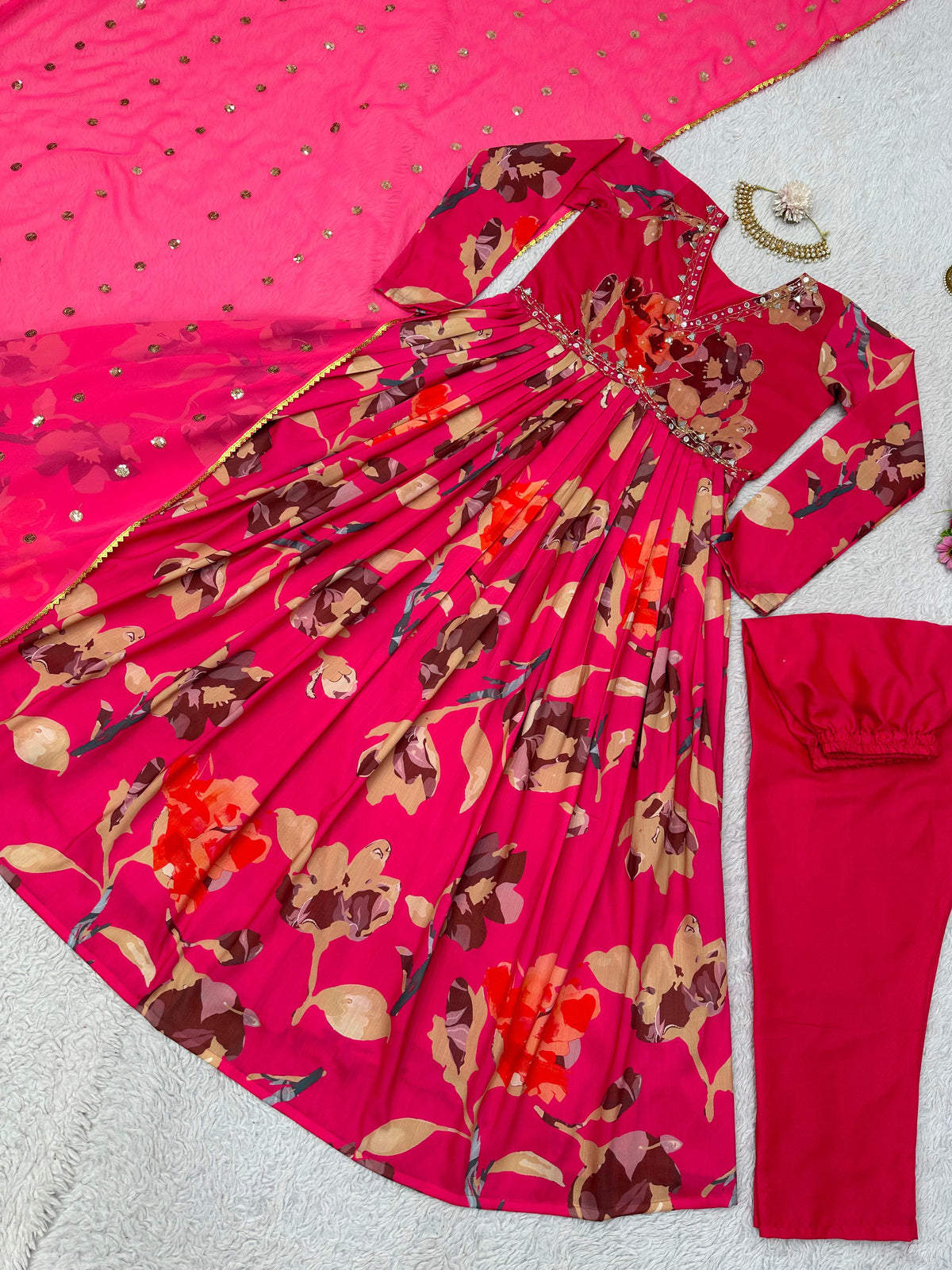 Rani Color Digital Printed Hand Work Women Kurta and Pant set with Dupatta