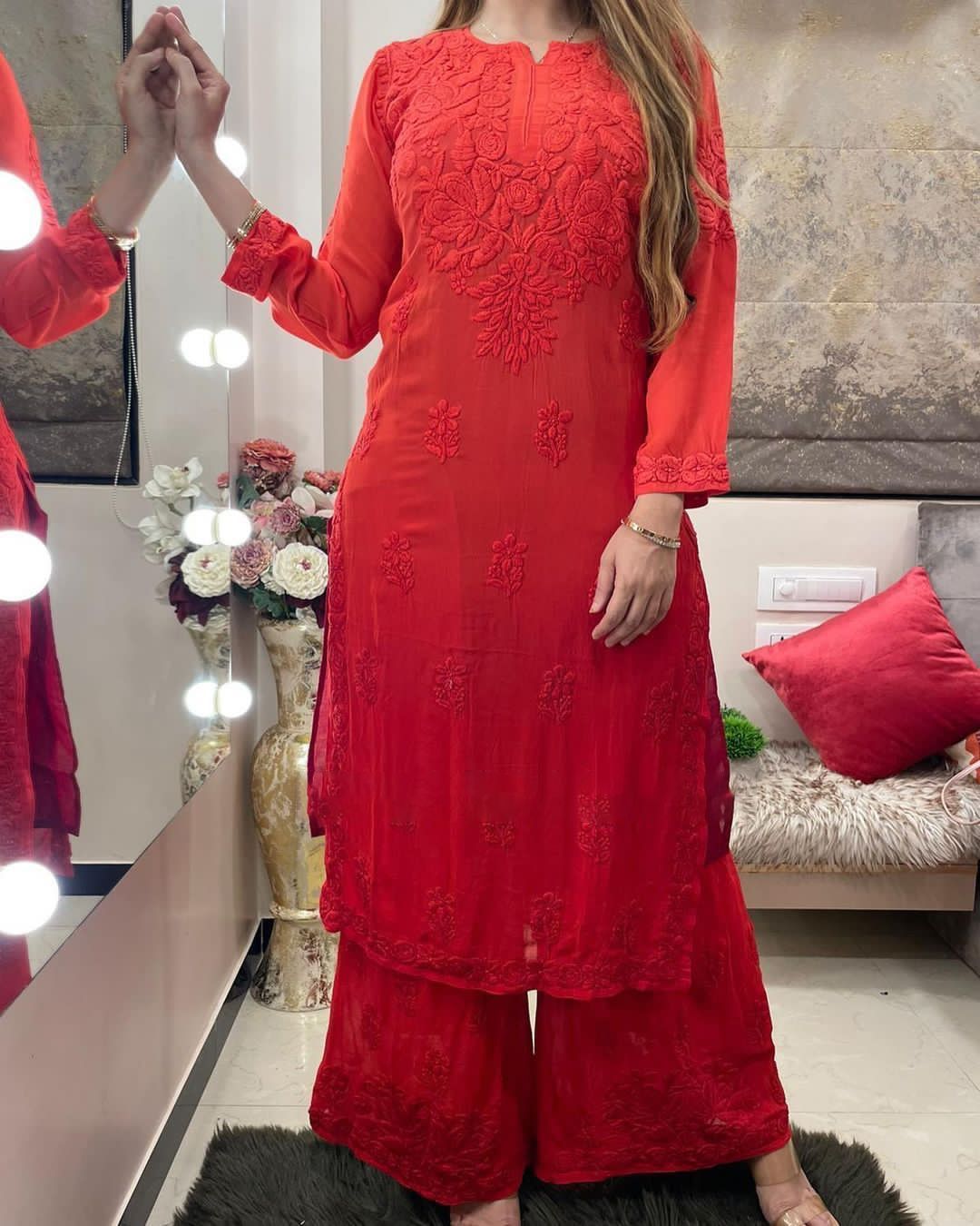 Rayon Best Quality Long Stitched Kurti Plazzo Set For women