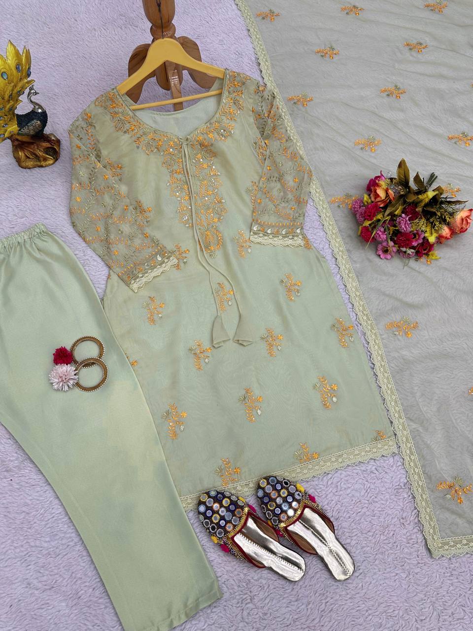 Stunning Mehendi Green Color Sequence Work Tibby Silk Salwar Suit