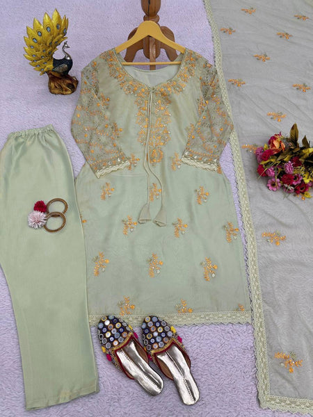 Stunning Mehendi Green Color Sequence Work Tibby Silk Salwar Suit