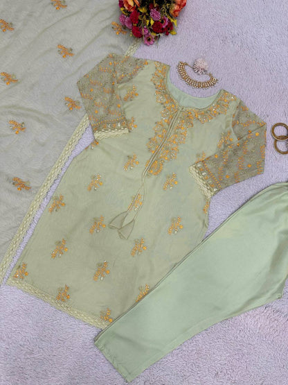 Stunning Mehendi Green Color Sequence Work Tibby Silk Salwar Suit