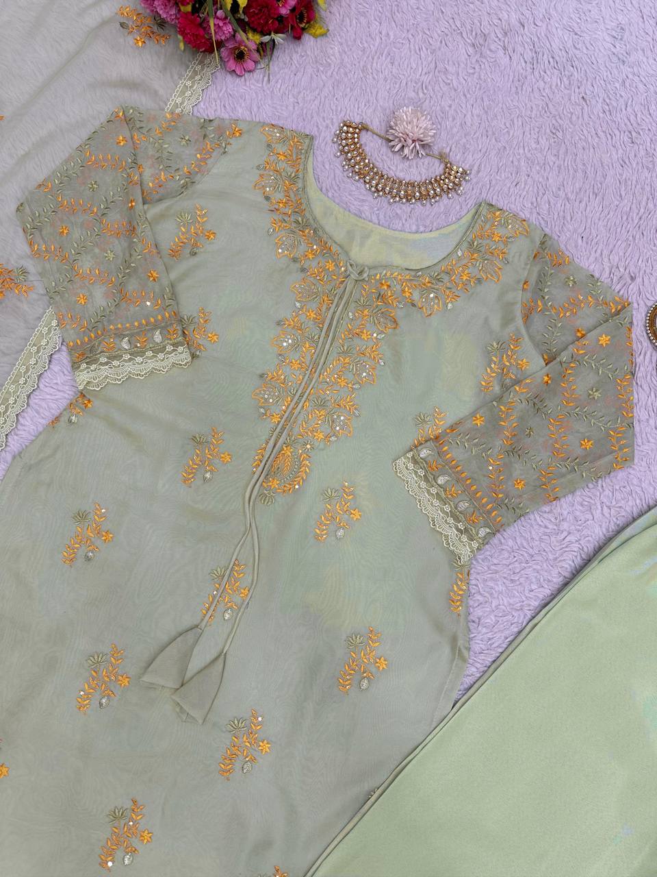 Stunning Mehendi Green Color Sequence Work Tibby Silk Salwar Suit