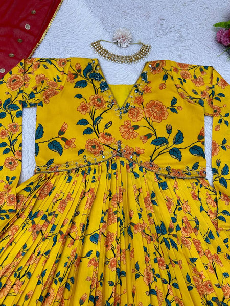 Yellow Color Muslin Digital Printed Hand Work Anarkali Salwar Suit