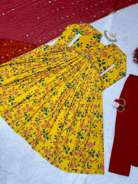 Yellow Color Muslin Digital Printed Hand Work Anarkali Salwar Suit