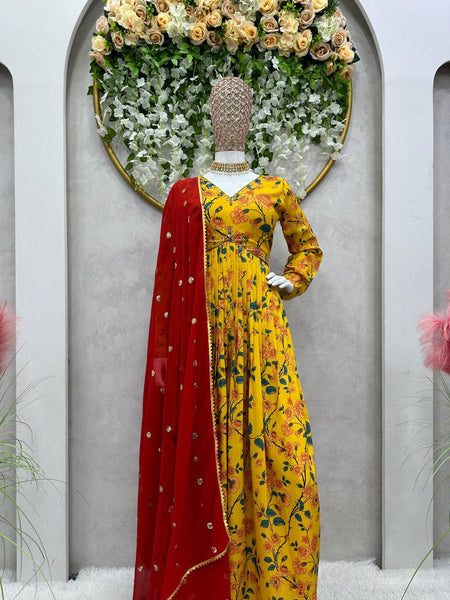 Yellow Color Muslin Digital Printed Hand Work Anarkali Salwar Suit