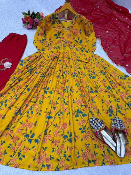 Yellow Color Muslin Digital Printed Hand Work Anarkali Salwar Suit