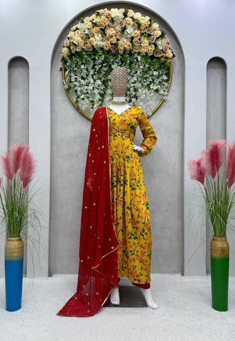 Yellow Color Muslin Digital Printed Hand Work Anarkali Salwar Suit