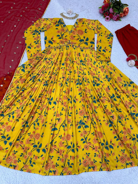 Yellow Color Muslin Digital Printed Hand Work Anarkali Salwar Suit