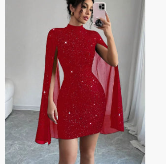 Women's Sexy Elegant Evening Party Dresses Round Neck Pit Stripe Pearl Chiffon Cape Sleeve Wrapped Hip Dress