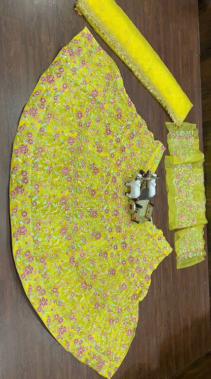 Parrot Green Color Organza Silk Embroidered Sequins work 12 Kali Lehenga choli for women