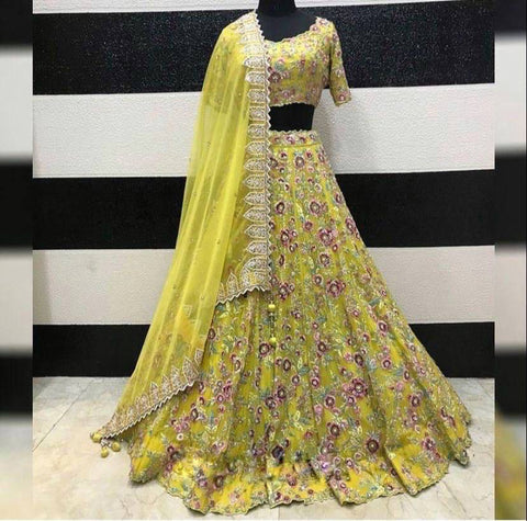 Parrot Green Color Organza Silk Embroidered Sequins work 12 Kali Lehenga choli for women