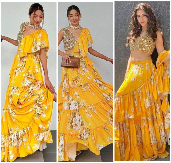 Yellow color 8 Meter Flare Ruffle Frill Digital Print Blouse Sequins Real Mirror Designer Lehenga