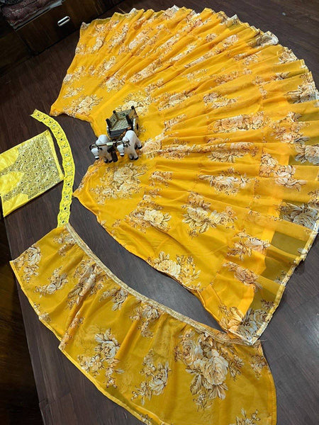 Yellow color 8 Meter Flare Ruffle Frill Digital Print Blouse Sequins Real Mirror Designer Lehenga