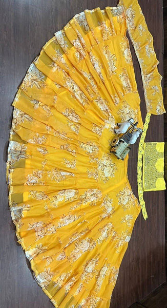 Yellow color 8 Meter Flare Ruffle Frill Digital Print Blouse Sequins Real Mirror Designer Lehenga