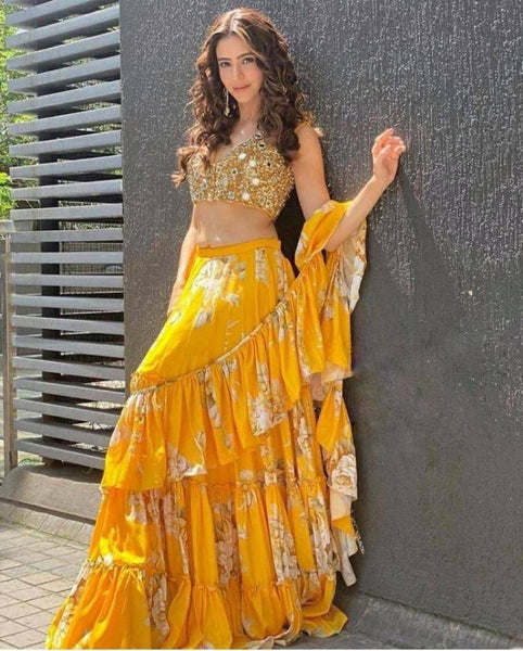 Yellow color 8 Meter Flare Ruffle Frill Digital Print Blouse Sequins Real Mirror Designer Lehenga