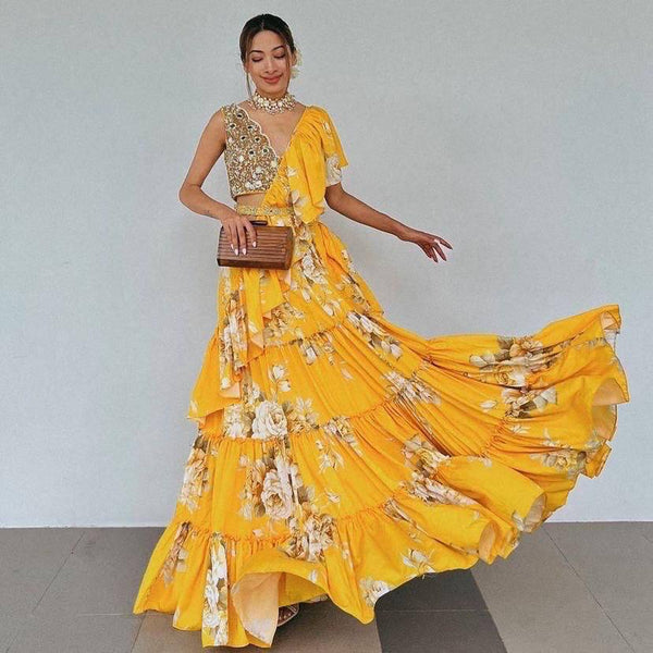 Yellow color 8 Meter Flare Ruffle Frill Digital Print Blouse Sequins Real Mirror Designer Lehenga