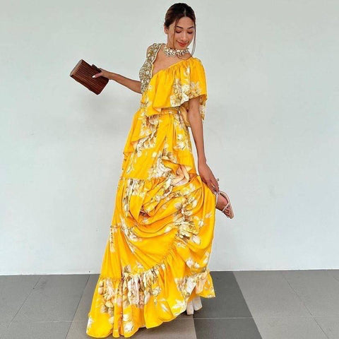 Yellow color 8 Meter Flare Ruffle Frill Digital Print Blouse Sequins Real Mirror Designer Lehenga