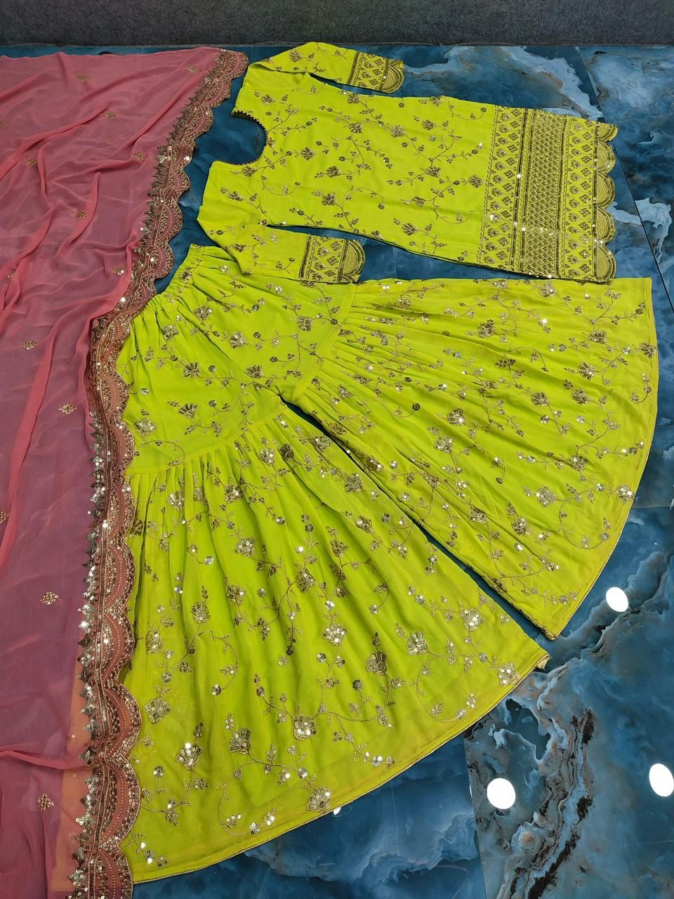 Parrot Green Sharara Suit Set with dupatta for women
