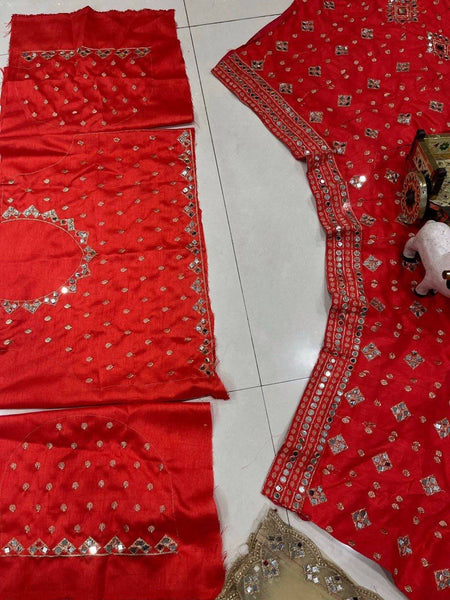 Red color Real Mirror Satin Silk Embroidery work 12 Kali Lehenga