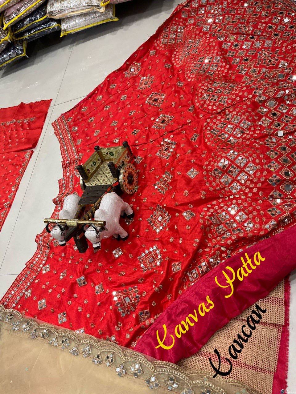 Red color Real Mirror Satin Silk Embroidery work 12 Kali Lehenga