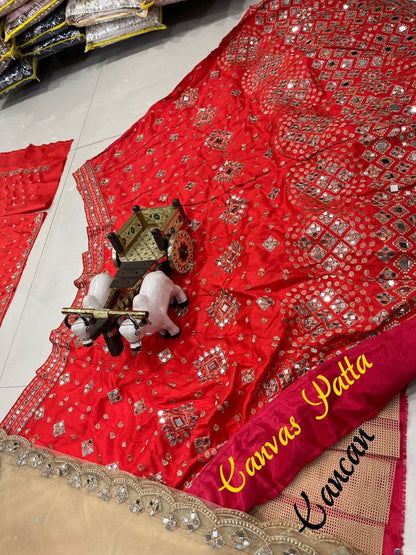 Red color Real Mirror Satin Silk Embroidery work 12 Kali Lehenga